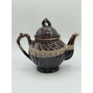 Studio Pottery Drip Glaze Teapot Brown Earth Tone Ribbed Form Lidded 8.5"